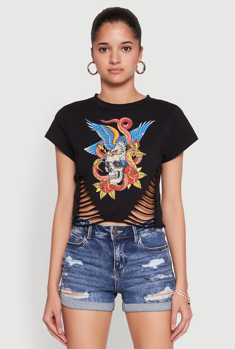 Womens Skull Laser Cut Graphic Tee, Black, Size M