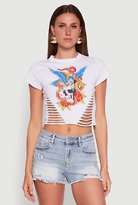 Womens Skull Laser Cut Graphic Tee, White, Size M