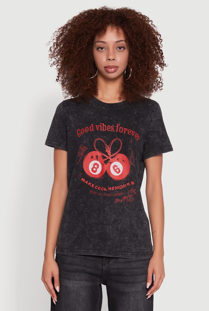 Womens Mineral Wash Good Vibes Forever Graphic Tee, Black, Size XL