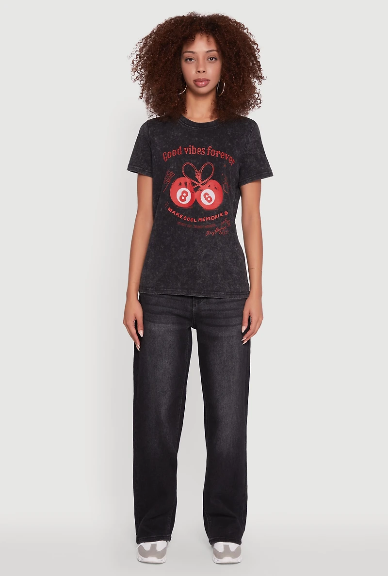 Womens Mineral Wash Good Vibes Forever Graphic Tee, Black, Size XL