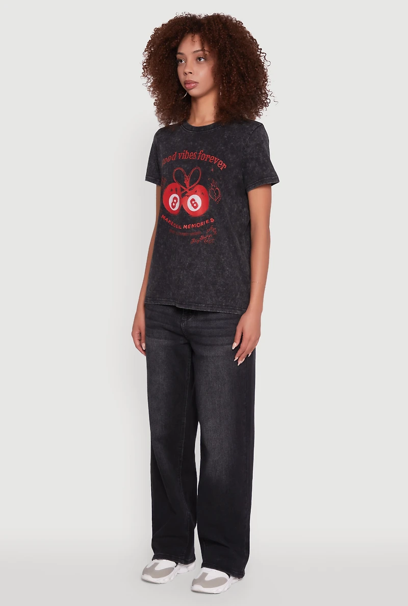 Womens Mineral Wash Good Vibes Forever Graphic Tee, Black, Size XL