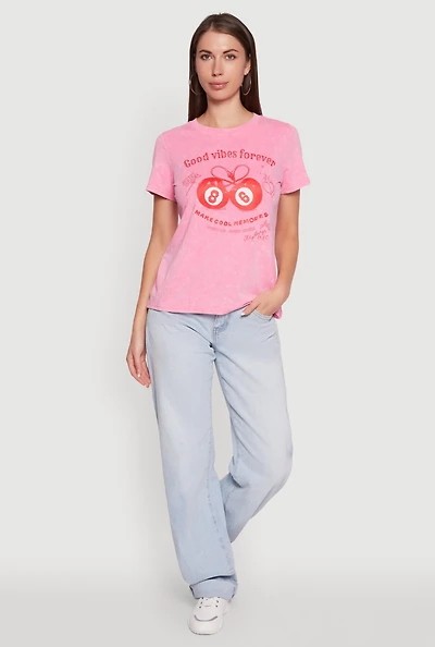 Womens Mineral Wash Good Vibes Forever Graphic Tee, Pink, Size XL
