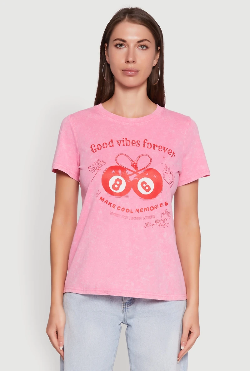 Womens Mineral Wash Good Vibes Forever Graphic Tee, Pink, Size M