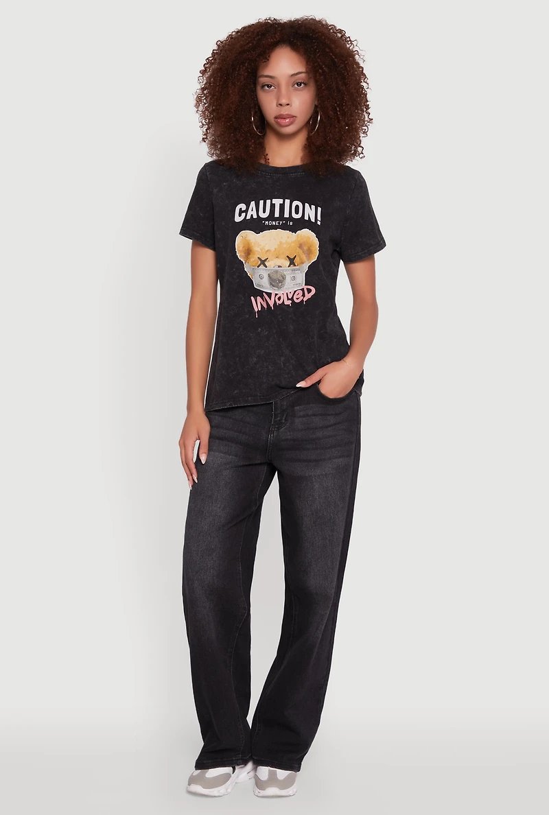 Womens Acid Wash Teddy Bear Caution Graphic Crew Neck Tee, Black, Size L