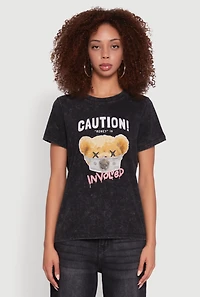 Womens Acid Wash Teddy Bear Caution Graphic Crew Neck Tee, Black, Size L