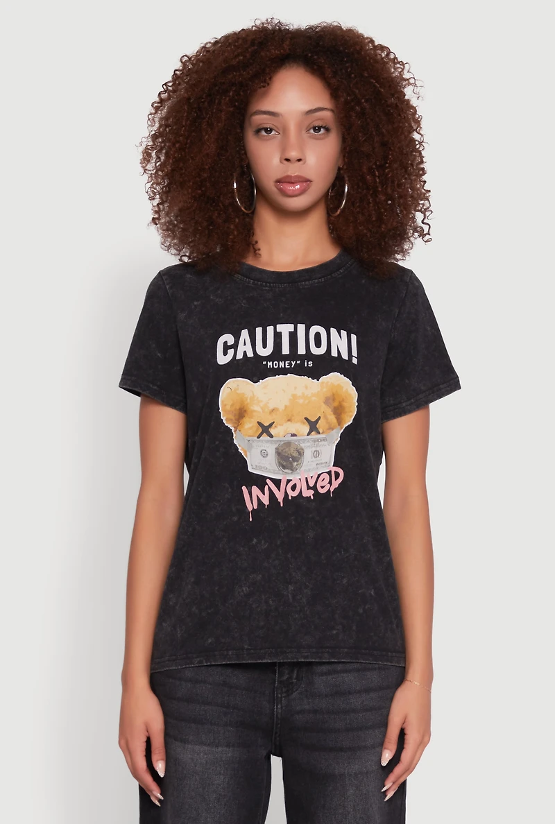Womens Acid Wash Teddy Bear Caution Graphic Crew Neck Tee, Black, Size S