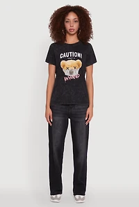 Womens Acid Wash Teddy Bear Caution Graphic Crew Neck Tee, Black, Size L