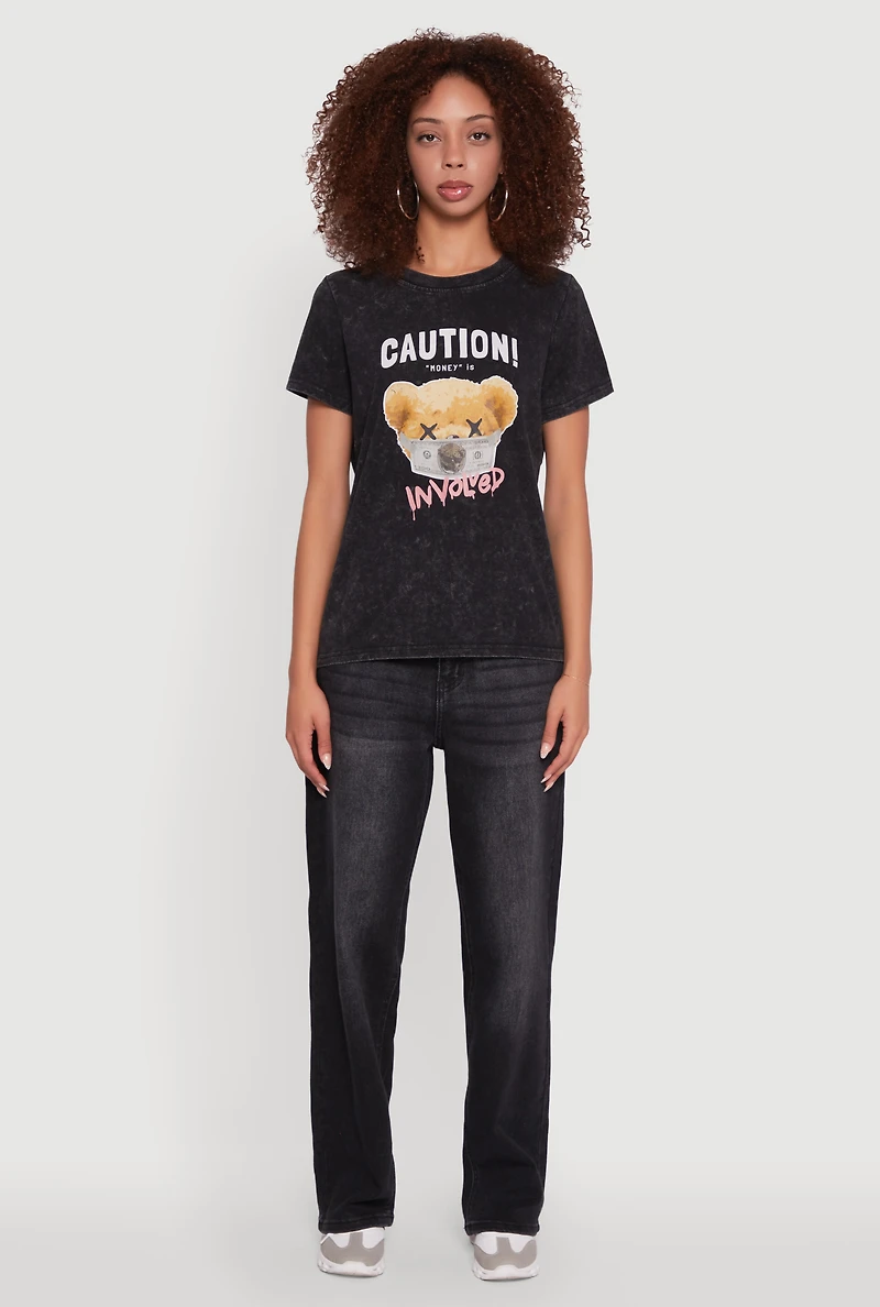 Womens Acid Wash Teddy Bear Caution Graphic Crew Neck Tee, Black, Size S