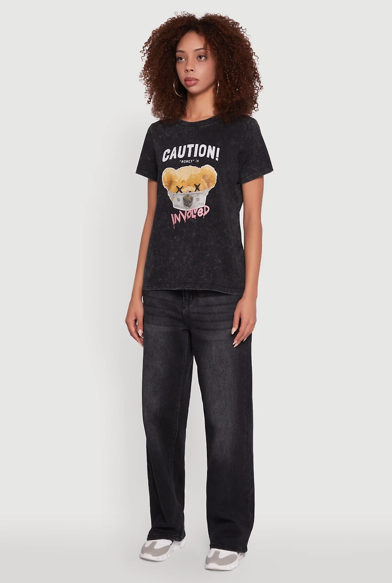 Womens Acid Wash Teddy Bear Caution Graphic Crew Neck Tee, Black, Size S
