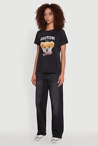 Womens Acid Wash Teddy Bear Caution Graphic Crew Neck Tee,