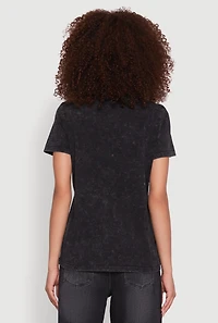 Womens Acid Wash Teddy Bear Caution Graphic Crew Neck Tee,