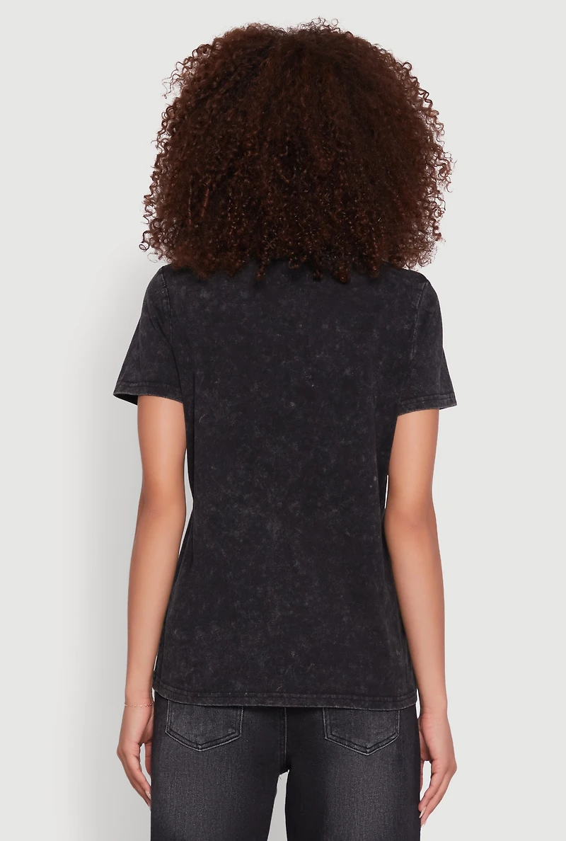 Womens Acid Wash Teddy Bear Caution Graphic Crew Neck Tee, Black, Size L