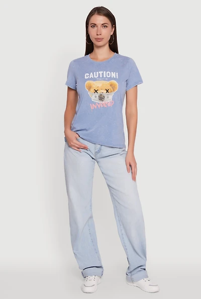 Womens Acid Wash Teddy Bear Caution Graphic Crew Neck Tee, M