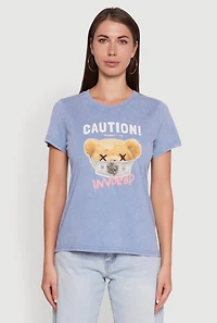 Womens Acid Wash Teddy Bear Caution Graphic Crew Neck Tee, M