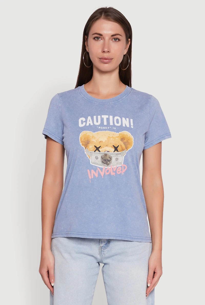 Womens Acid Wash Teddy Bear Caution Graphic Crew Neck Tee, Blue, Size M