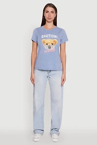 Womens Acid Wash Teddy Bear Caution Graphic Crew Neck Tee, M