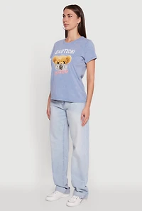 Womens Acid Wash Teddy Bear Caution Graphic Crew Neck Tee, M