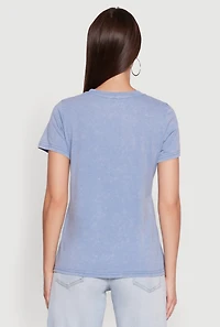 Womens Acid Wash Teddy Bear Caution Graphic Crew Neck Tee, Blue, Size M