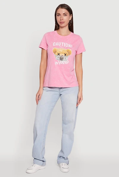 Womens Acid Wash Teddy Bear Caution Graphic Crew Neck Tee, Pink, Size L