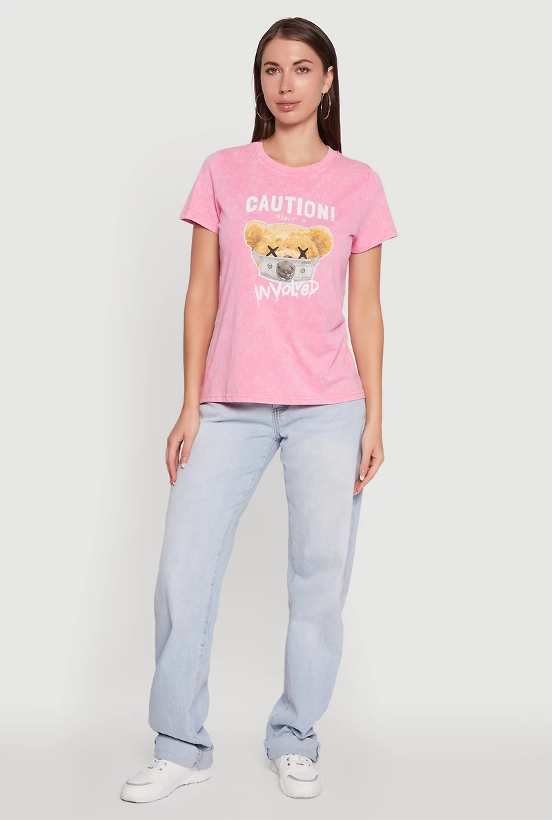 Womens Acid Wash Teddy Bear Caution Graphic Crew Neck Tee, Pink, Size S
