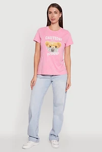 Womens Acid Wash Teddy Bear Caution Graphic Crew Neck Tee, Pink, Size S