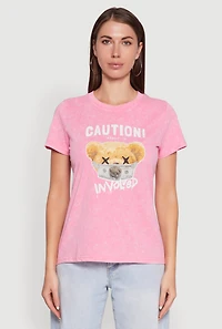 Womens Acid Wash Teddy Bear Caution Graphic Crew Neck Tee, Pink, Size L