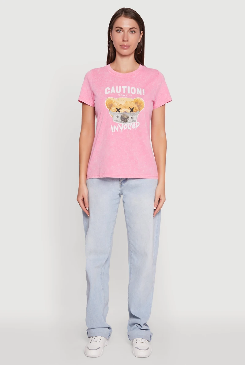 Womens Acid Wash Teddy Bear Caution Graphic Crew Neck Tee, Pink, Size L