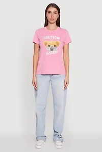 Womens Acid Wash Teddy Bear Caution Graphic Crew Neck Tee, Pink, Size S