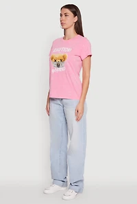 Womens Acid Wash Teddy Bear Caution Graphic Crew Neck Tee, Pink, Size L