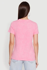 Womens Acid Wash Teddy Bear Caution Graphic Crew Neck Tee, Pink, Size L