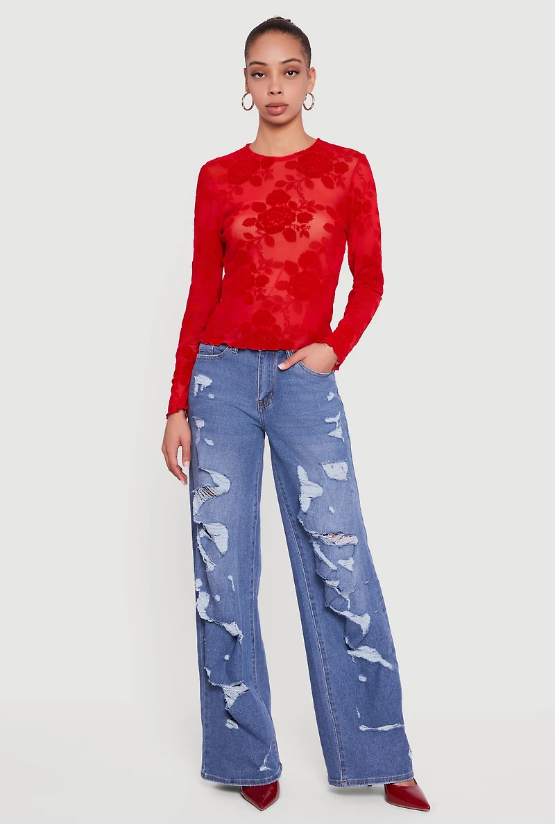 Floral Velvet Burnout Long Sleeve Top