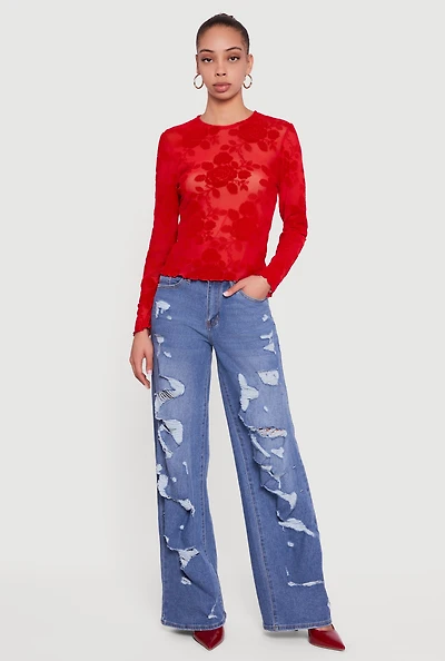 Floral Velvet Burnout Long Sleeve Top