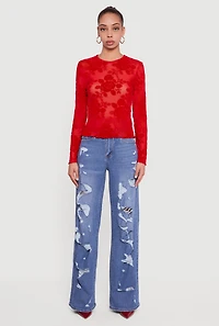 Womens Floral Velvet Burnout Long Sleeve Top, Red, Size S