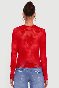 Womens Floral Velvet Burnout Long Sleeve Top, Red, Size S