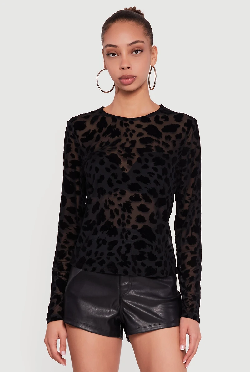 Animal Print Velvet Burnout Long Sleeve Top