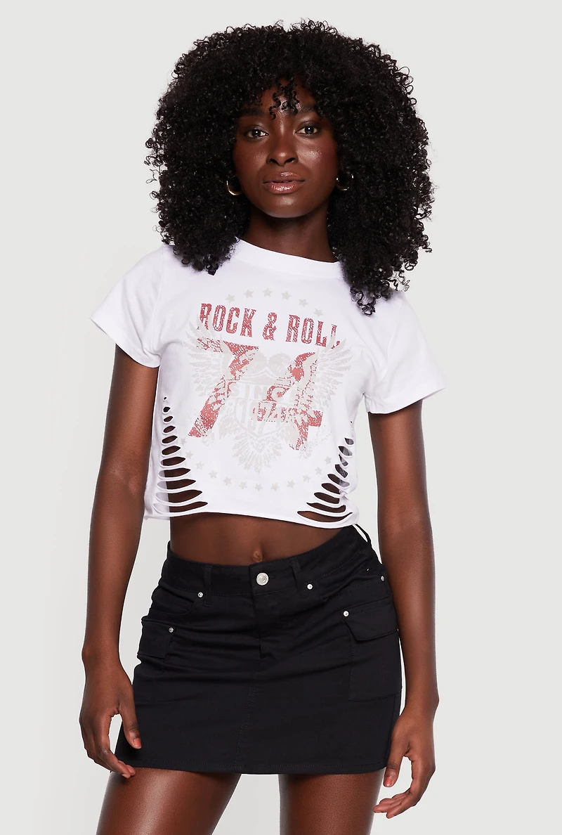 Rock and Roll Graphic Slashed Cropped Tee