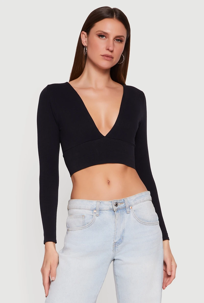 Seamless Plunge Neck Long Sleeve Crop Top