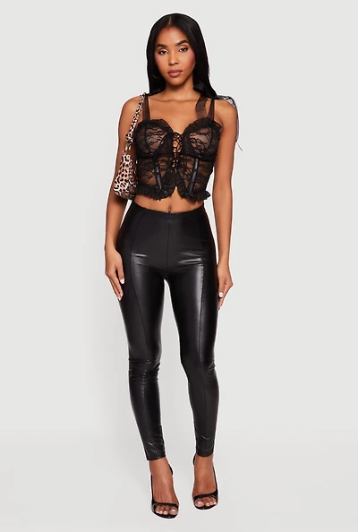 Womens Floral Lace Up Front Tie Strap Cropped Corset Top, Black, Size M