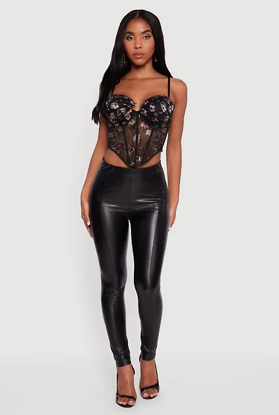 Womens Floral Lace Convertible Cropped Bustier Top, Black, Size S