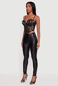 Womens Floral Lace Convertible Cropped Bustier Top, Black, Size S