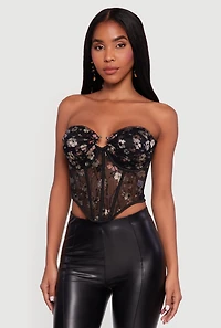 Womens Floral Lace Convertible Cropped Bustier Top, Black, Size S