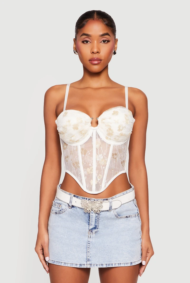 Womens Floral Lace Convertible Cropped Bustier Top, White, Size L