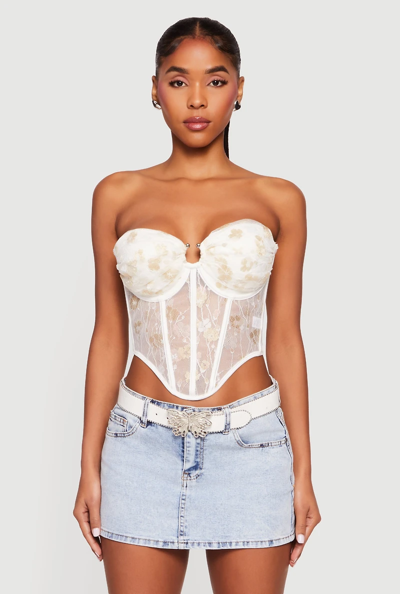 Womens Floral Lace Convertible Cropped Bustier Top, White, Size XL