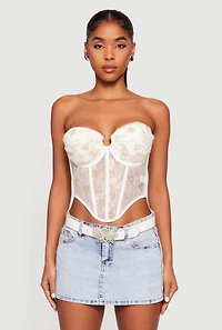 Womens Floral Lace Convertible Cropped Bustier Top, White, Size XL