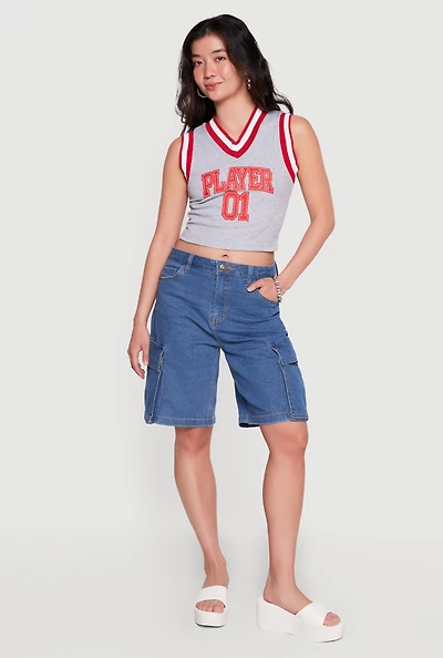 Player 01 Patch Graphic V Neck Crop Top