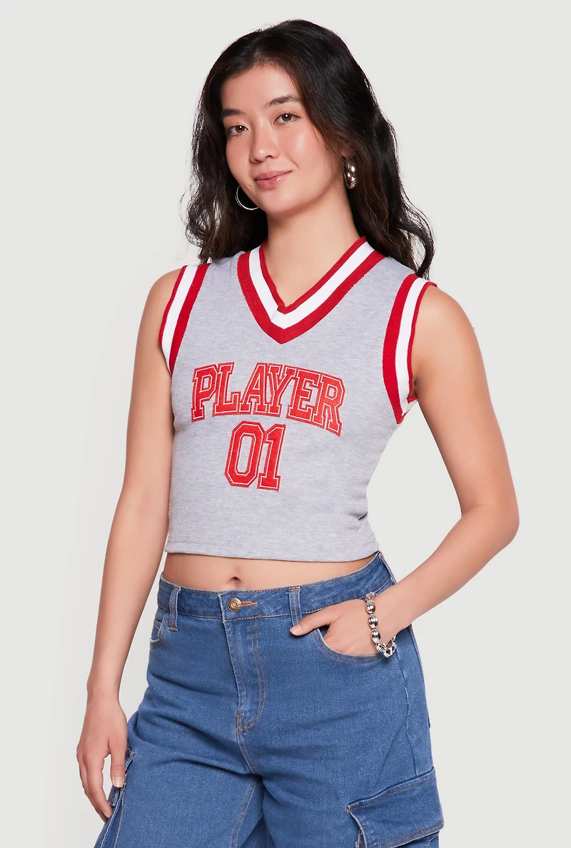 Player 01 Patch Graphic V Neck Crop Top