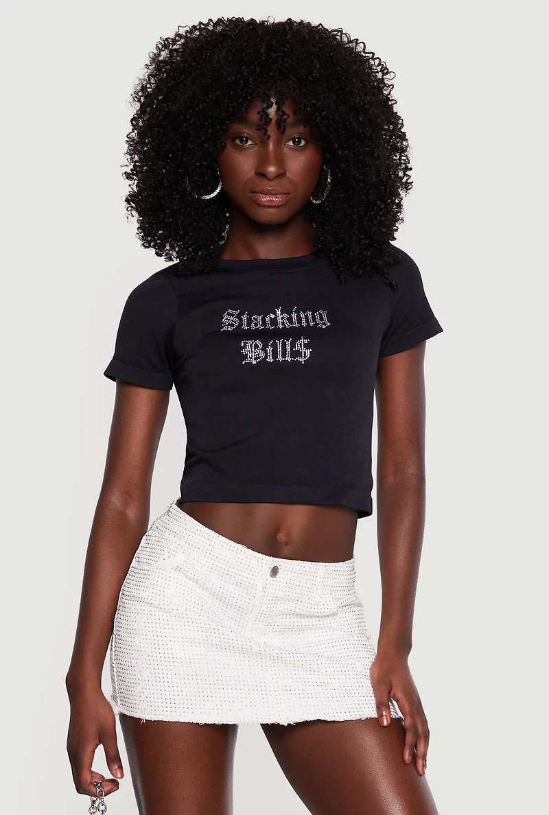Stacking Bills Rhinestone Graphic Crop Top