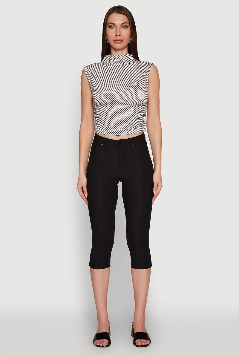 Womens Sleeveless Mock Neck Ruched Side Cropped Blouse, Grey, Size L