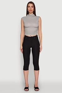 Womens Sleeveless Mock Neck Ruched Side Cropped Blouse, Grey, Size L