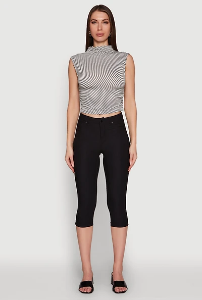 Womens Sleeveless Mock Neck Ruched Side Cropped Blouse, Grey, Size L